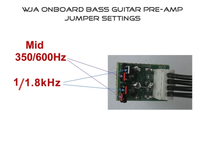 Wayne Jones Audio WJA-3 3-band onboard bass guitar pre-amp. Mid jumper settings.